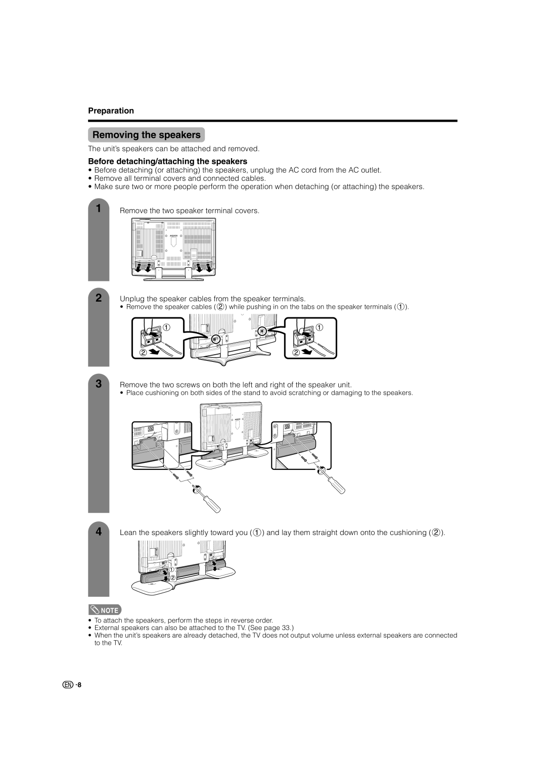 Sharp LC-46G7X Removing the speakers, Before detaching/attaching the speakers, Unit’s speakers can be attached and removed 