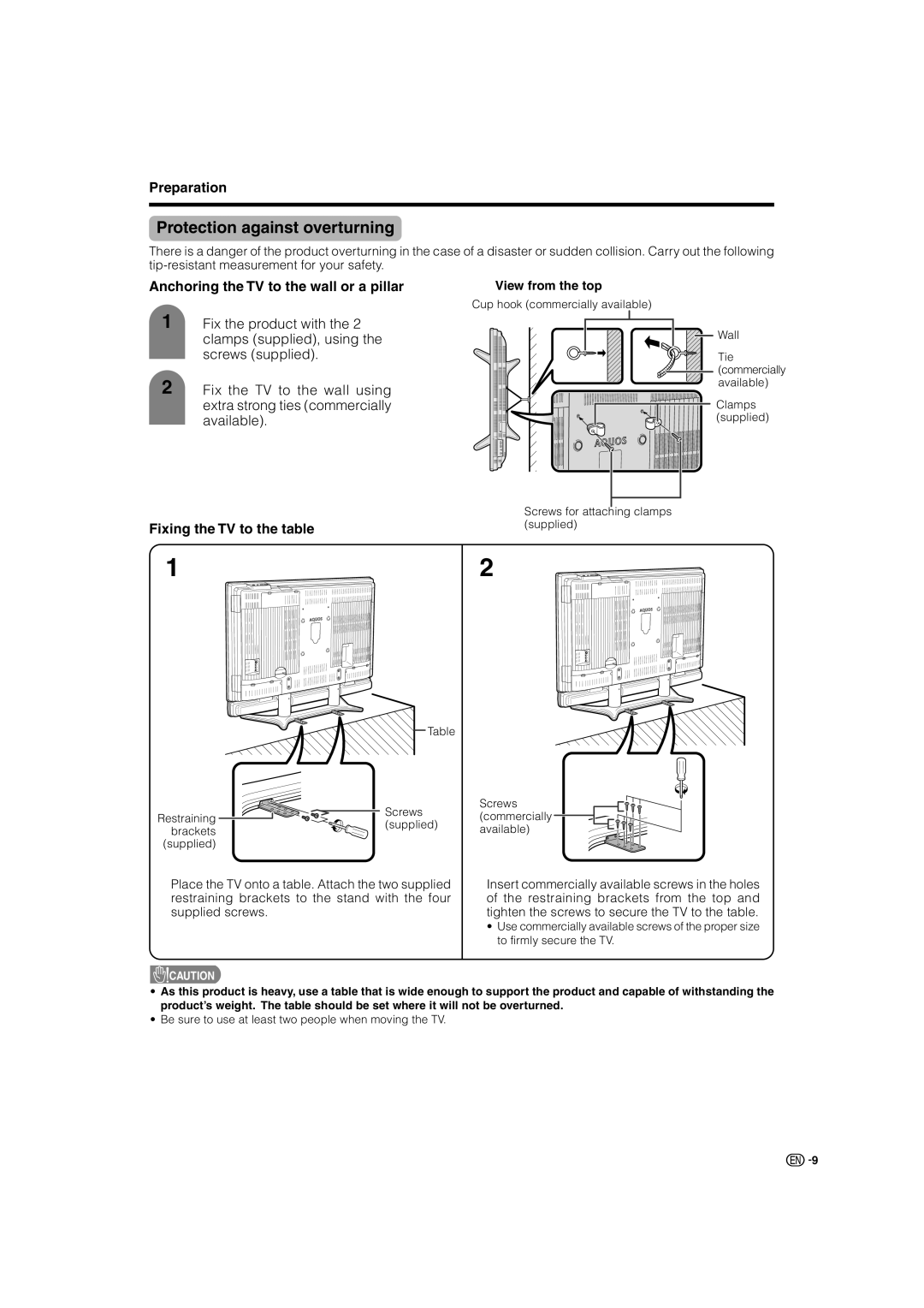 Sharp LC-46G7X Protection against overturning, Anchoring the TV to the wall or a pillar, Fixing the TV to the table 