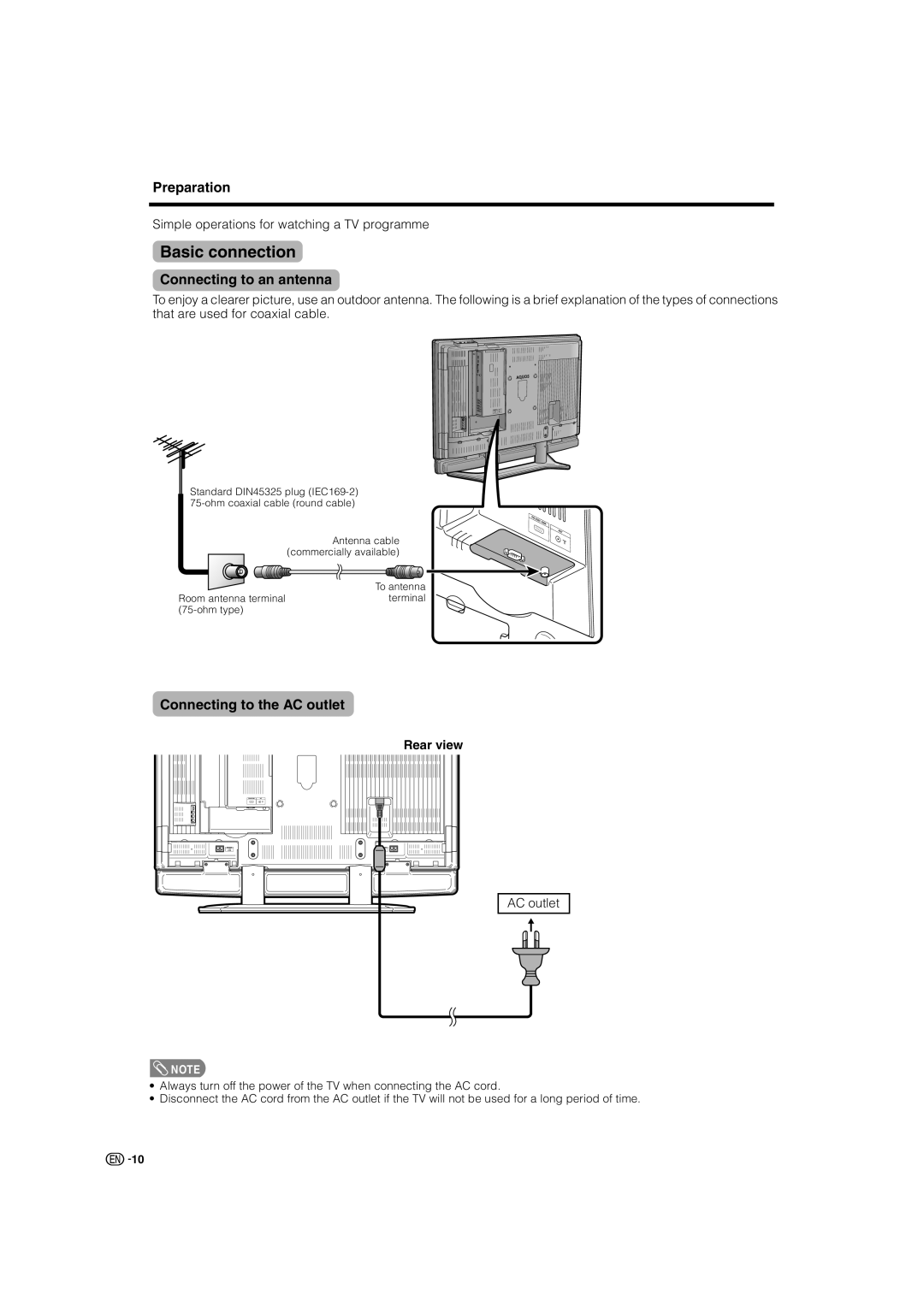 Sharp LC-46G7X operation manual Basic connection, Connecting to an antenna, Connecting to the AC outlet, Rear view 