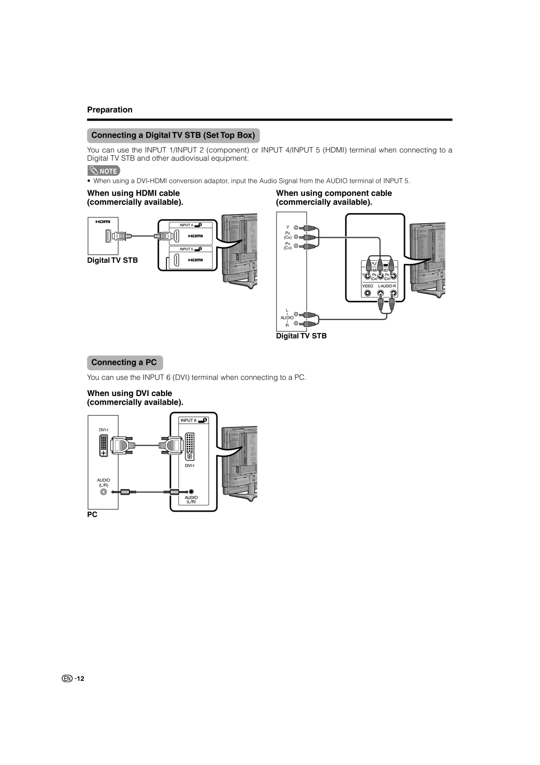 Sharp LC-46G7X operation manual Preparation Connecting a Digital TV STB Set Top Box, Connecting a PC 