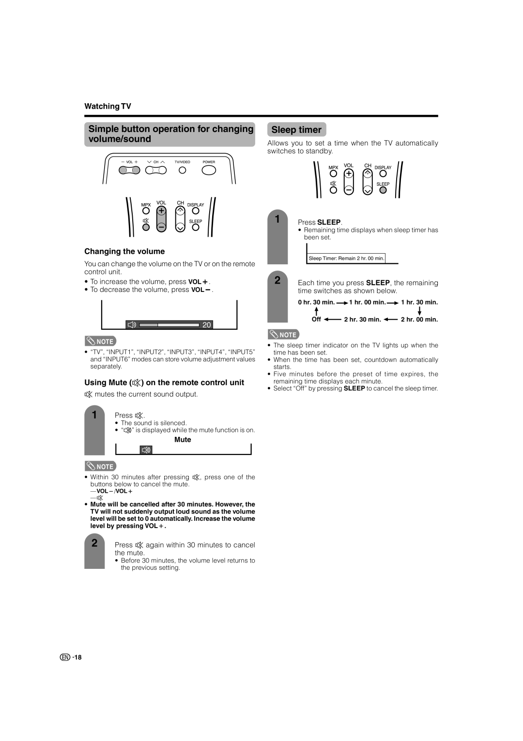 Sharp LC-46G7X Changing the volume, Using Mute e on the remote control unit, Each time you press SLEEP, the remaining 