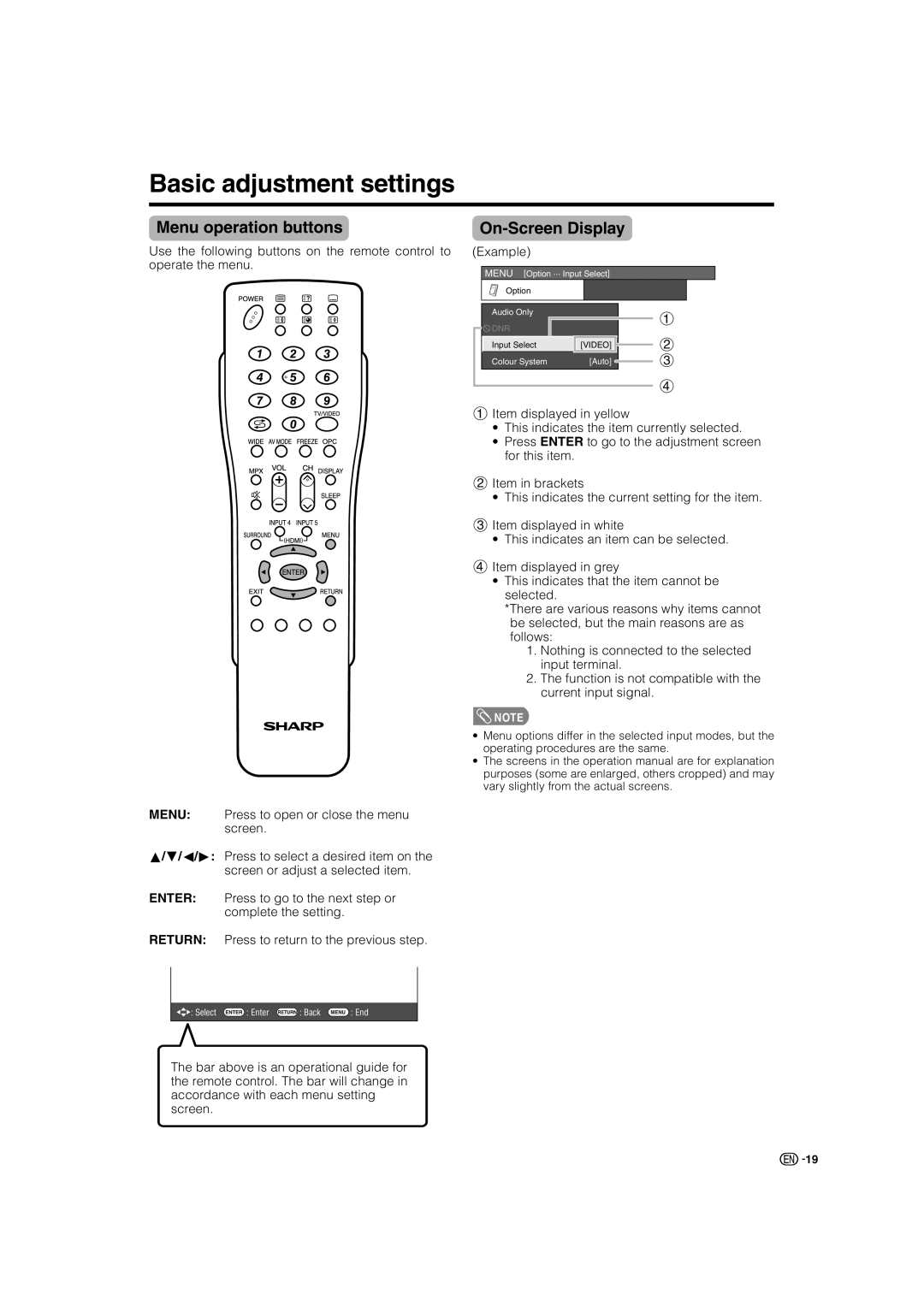 Sharp LC-46G7X operation manual Basic adjustment settings, Menu operation buttons, On-Screen Display, Example, C/d 