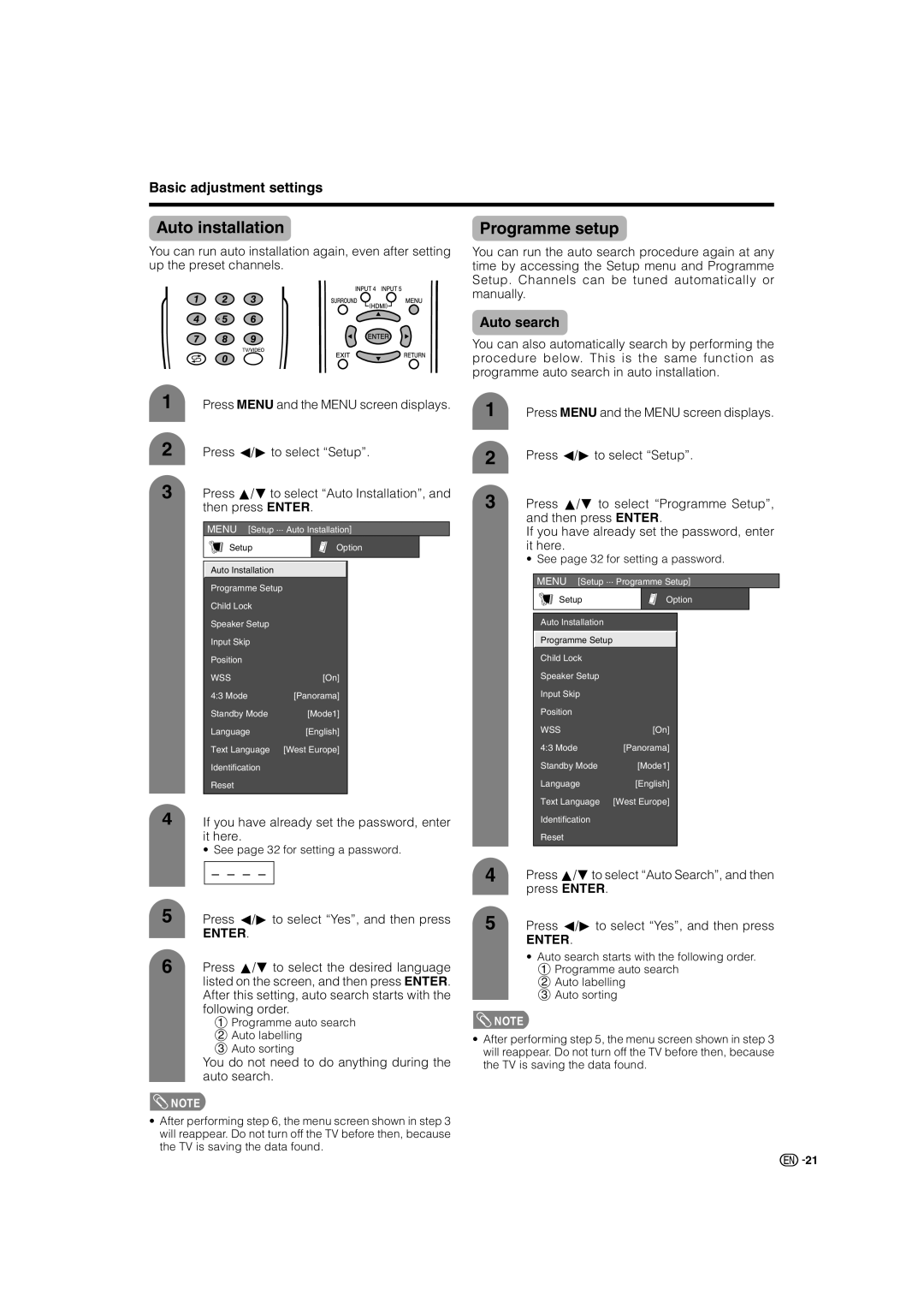 Sharp LC-46G7X operation manual Auto installation, Programme setup, Auto search 