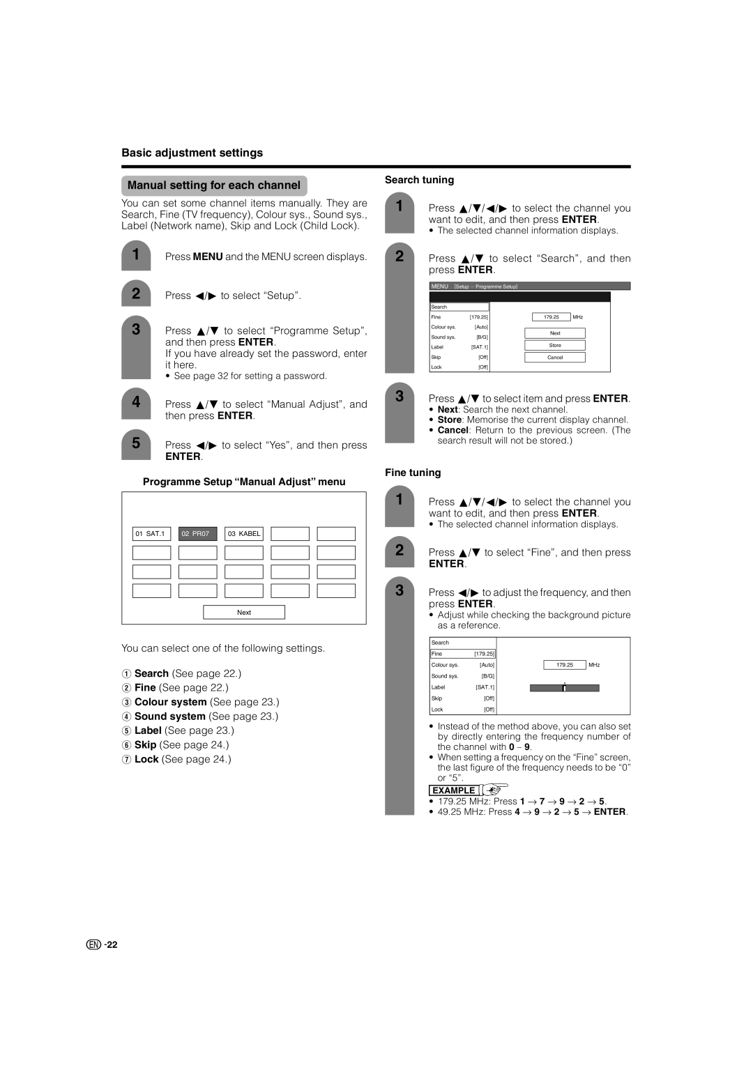 Sharp LC-46G7X operation manual Basic adjustment settings Manual setting for each channel, Search tuning, Fine tuning 