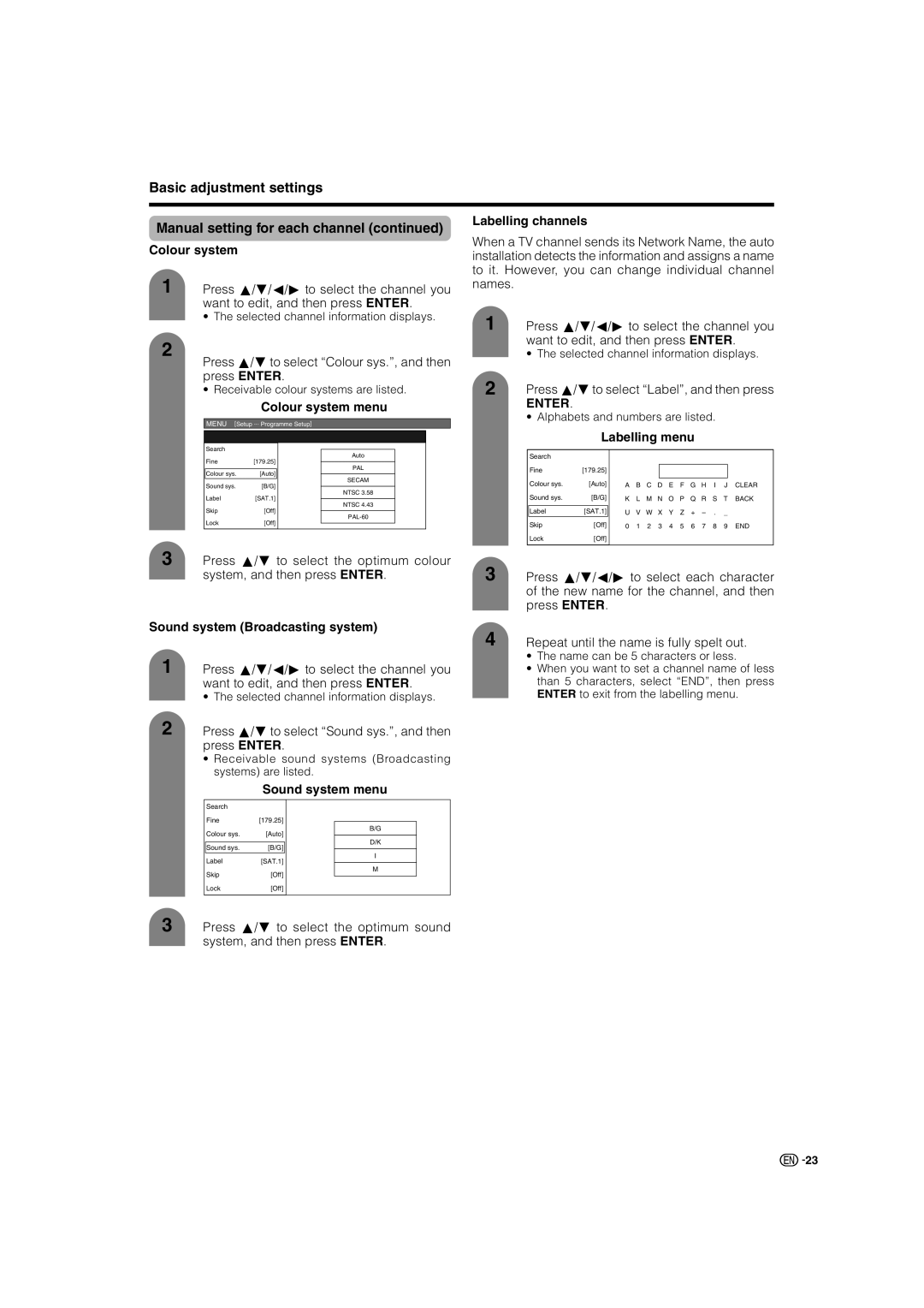 Sharp LC-46G7X operation manual Press a/bto select Colour sys., and then press Enter, Colour system menu 