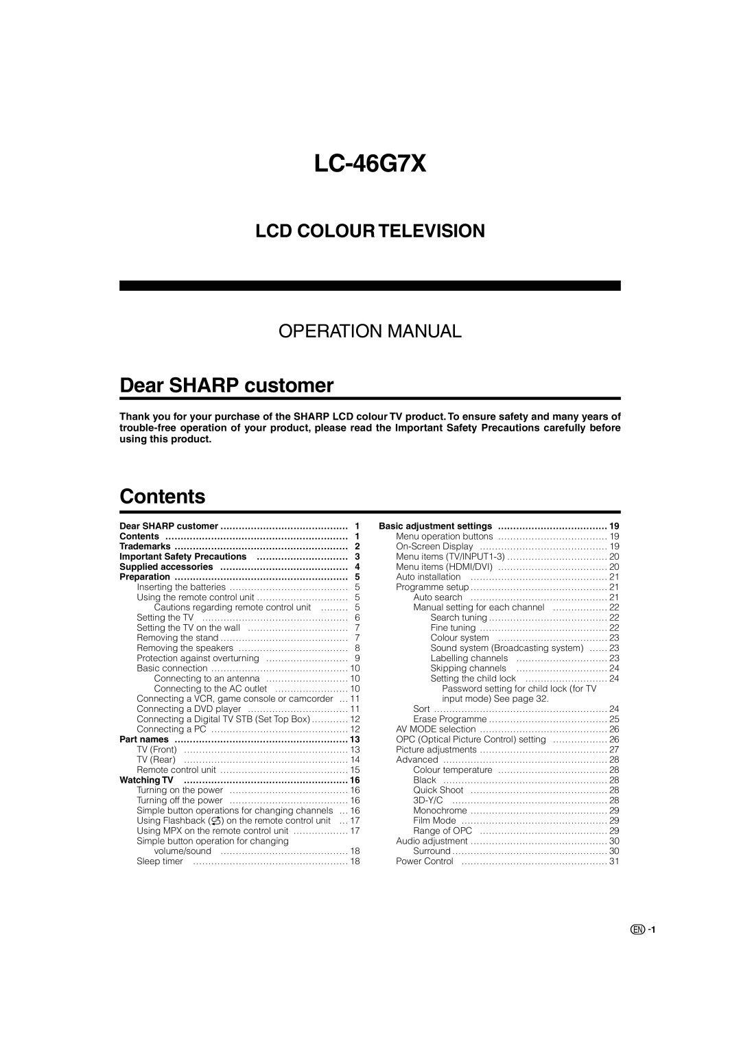 Sharp LC-46G7X operation manual Dear Sharp customer, Contents 