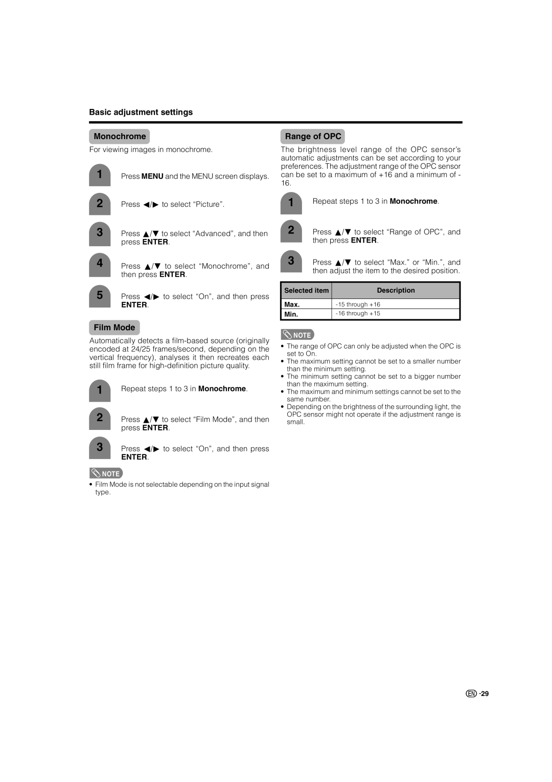 Sharp LC-46G7X operation manual Basic adjustment settings Monochrome, Range of OPC, Film Mode 