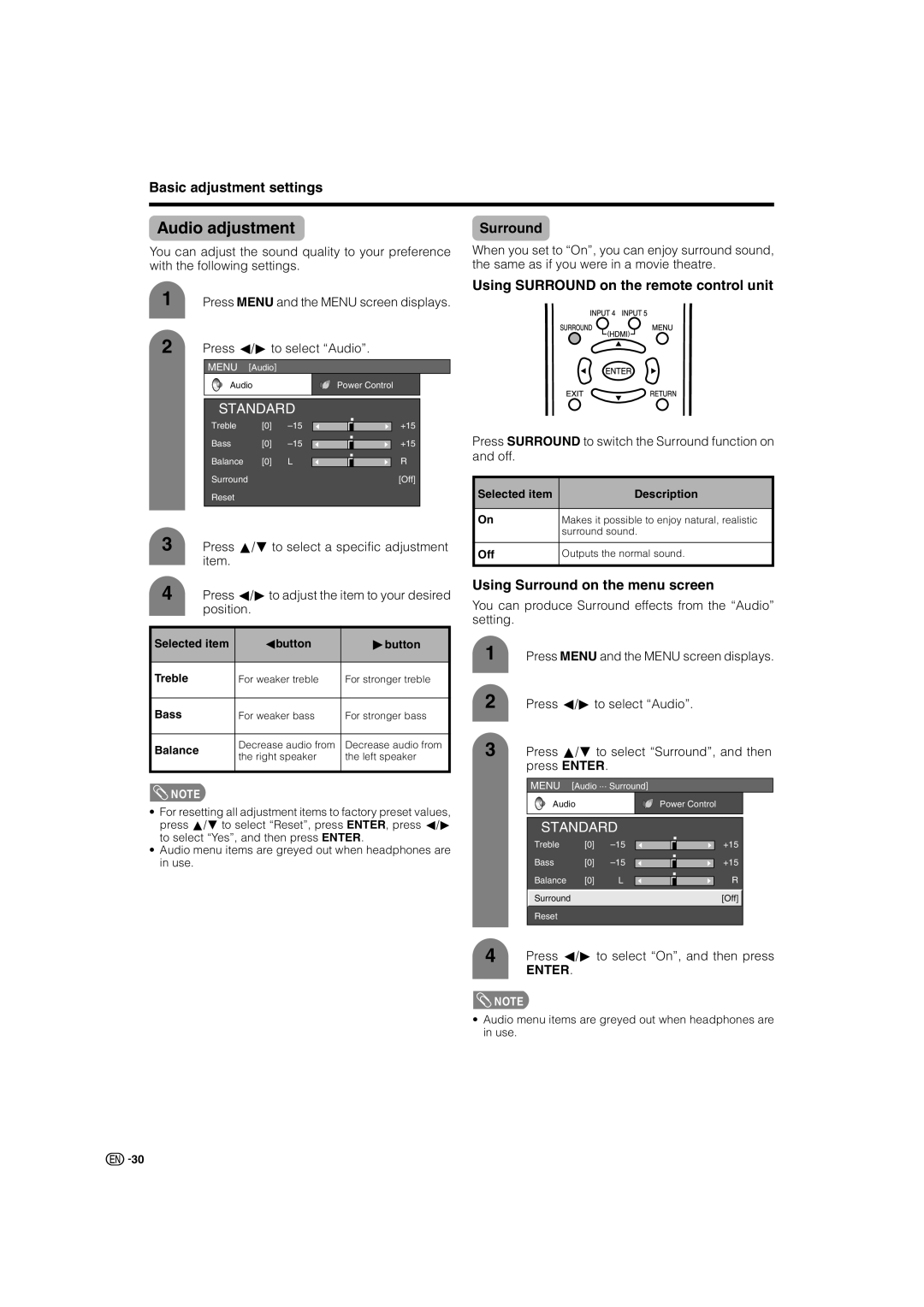 Sharp LC-46G7X Audio adjustment, Using Surround on the remote control unit, Using Surround on the menu screen 