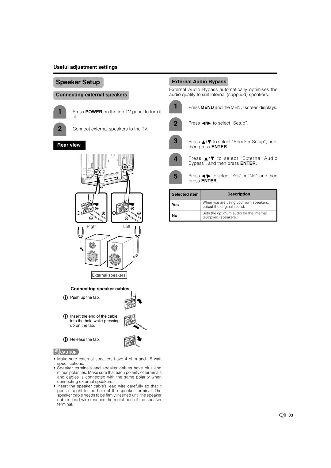 Sharp LC-46G7X Useful adjustment settings, External Audio Bypass, Connecting external speakers, Connecting speaker cables 