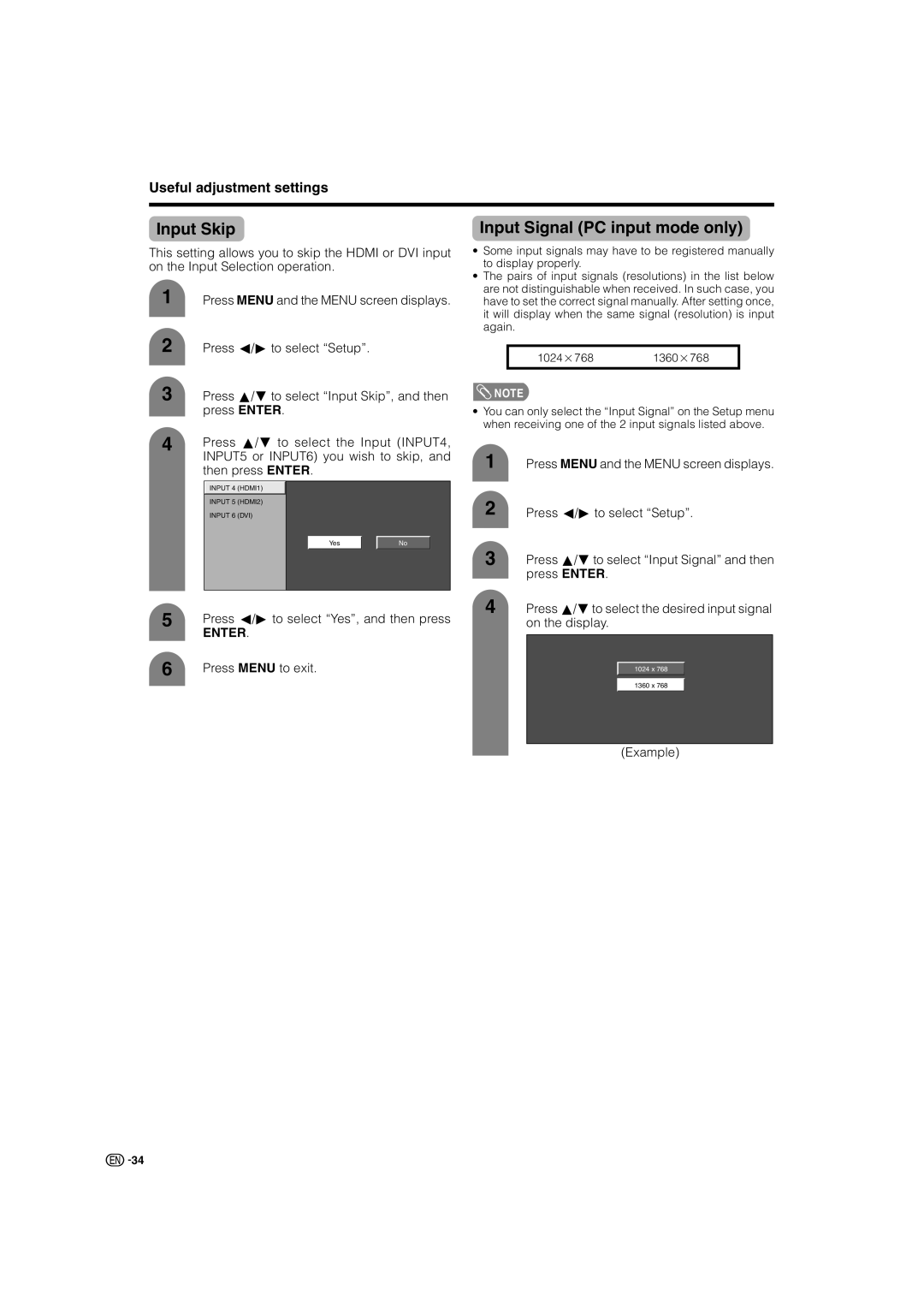 Sharp LC-46G7X Input Skip, Input Signal PC input mode only, INPUT5 or INPUT6 you wish to Skip, Then press Enter 