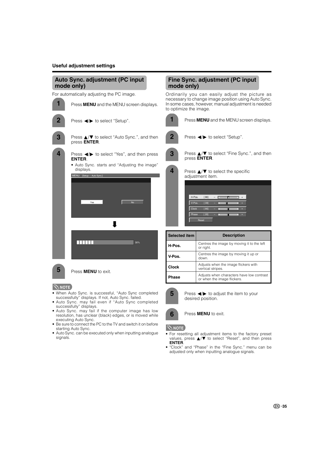 Sharp LC-46G7X Auto Sync. adjustment PC input mode only, Fine Sync. adjustment PC input mode only, Desired position 