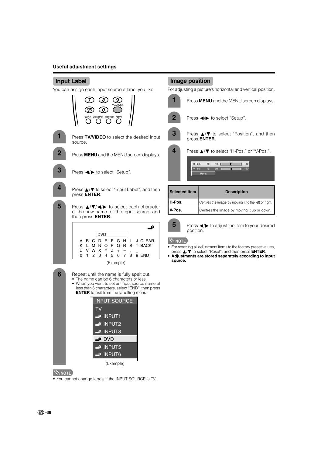 Sharp LC-46G7X operation manual Input Label, Image position, Repeat until the name is fully spelt out 