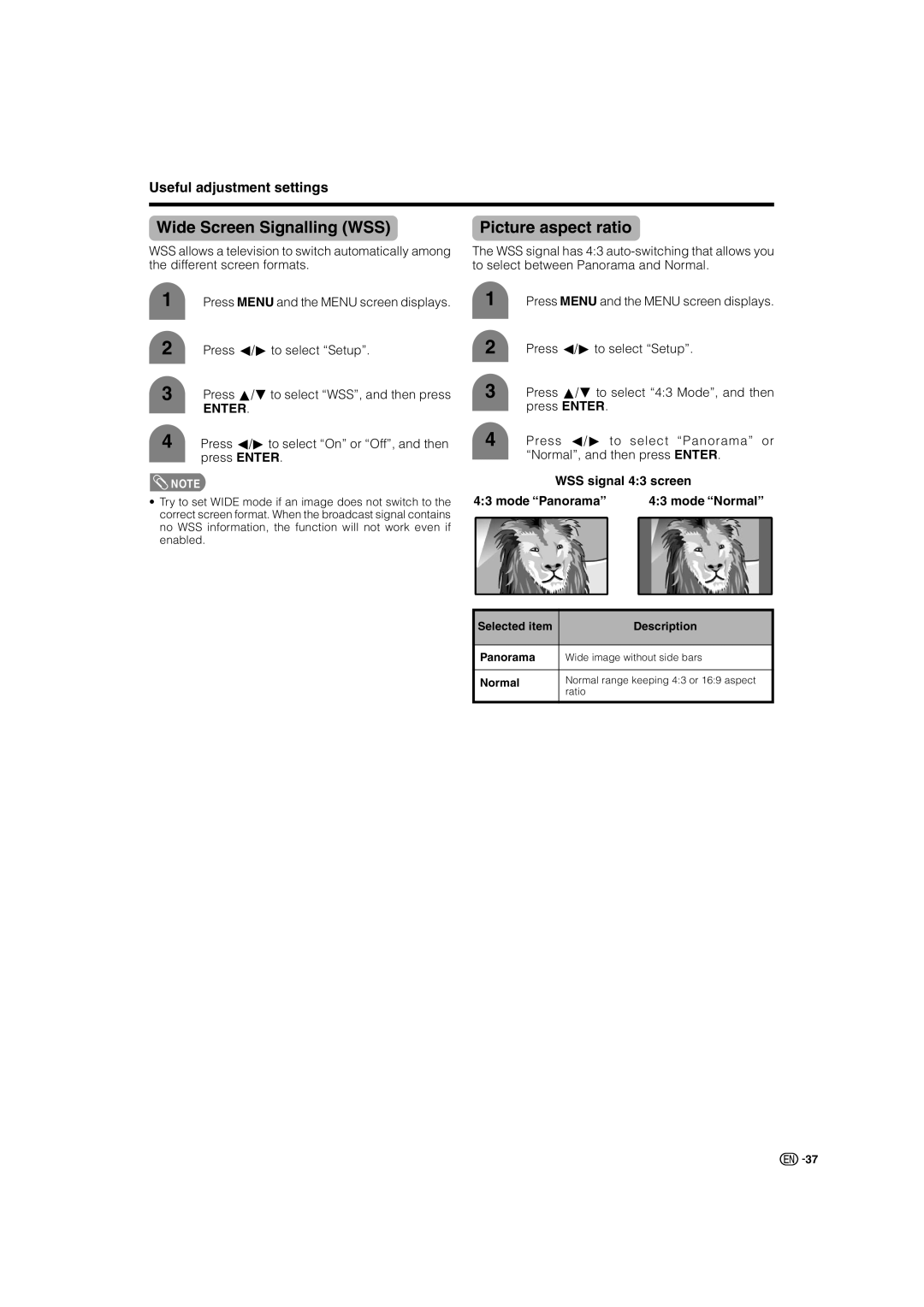 Sharp LC-46G7X Wide Screen Signalling WSS, Picture aspect ratio, Press c/dto select On or Off, and then press Enter 