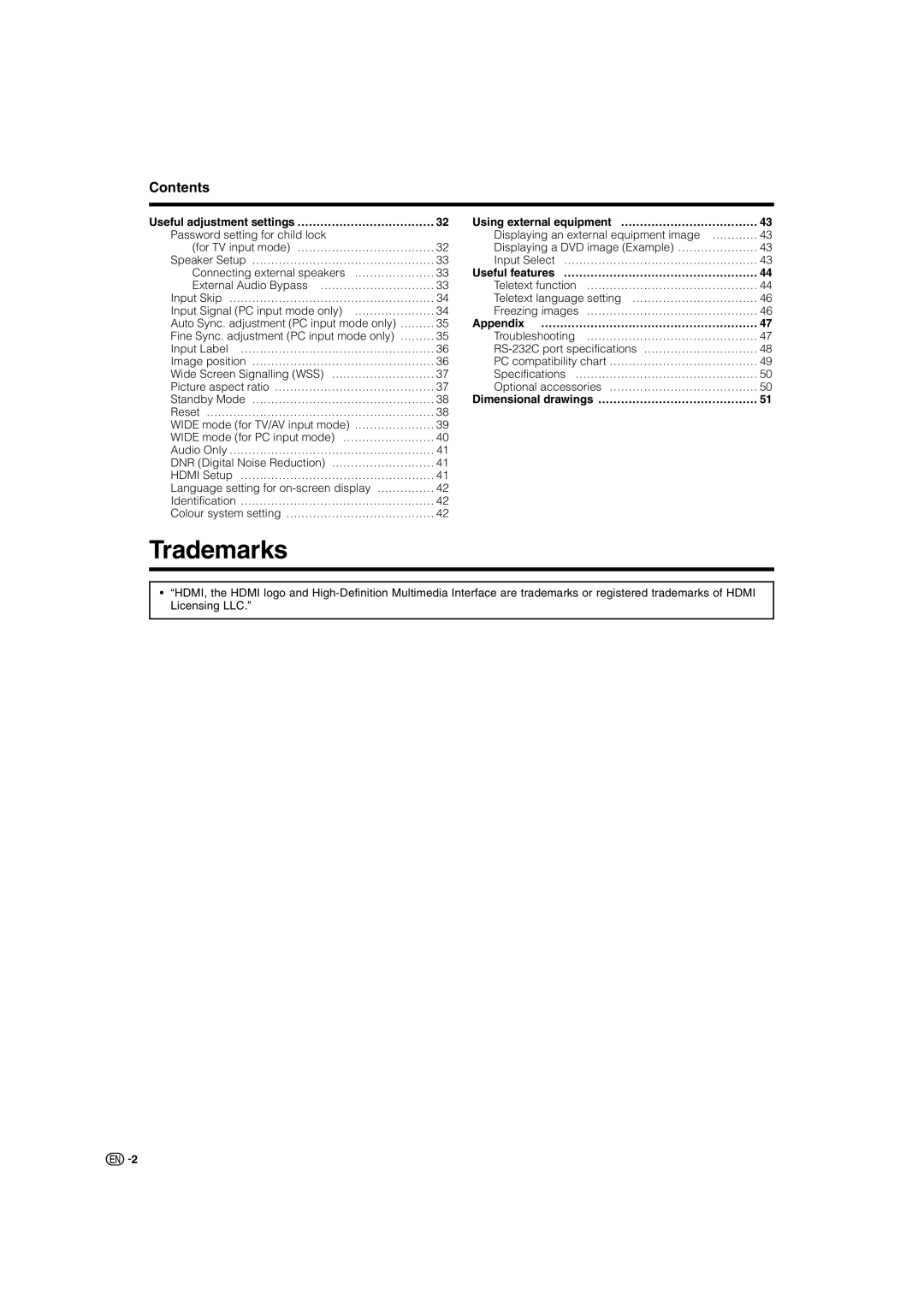 Sharp LC-46G7X operation manual Trademarks, Contents 