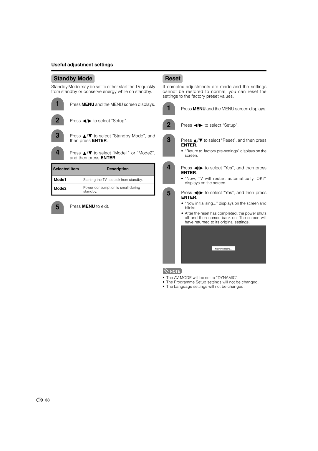 Sharp LC-46G7X operation manual Standby Mode, Reset, Selected item Description Mode1, Mode2 