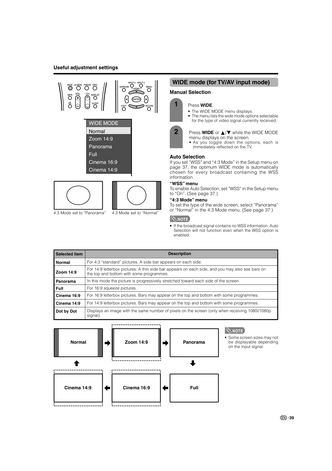 Sharp LC-46G7X operation manual Wide mode for TV/AV input mode, Manual Selection, Auto Selection 