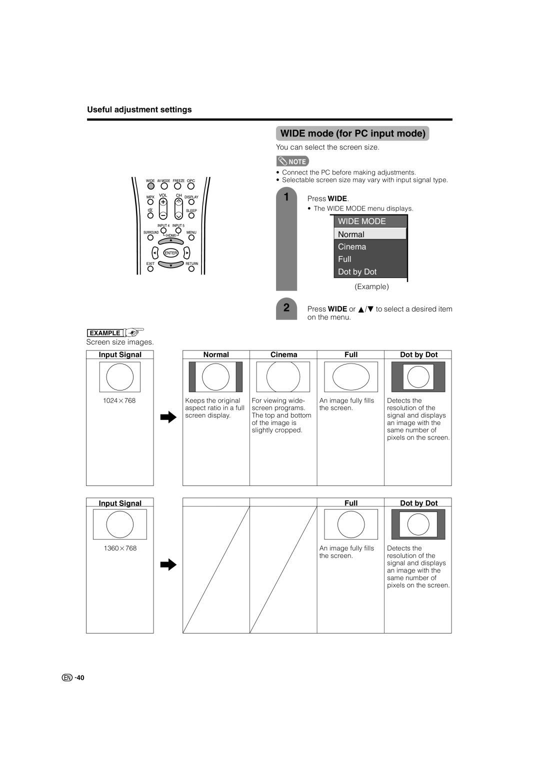 Sharp LC-46G7X operation manual Wide mode for PC input mode, Input Signal, Normal Cinema Full Dot by Dot 