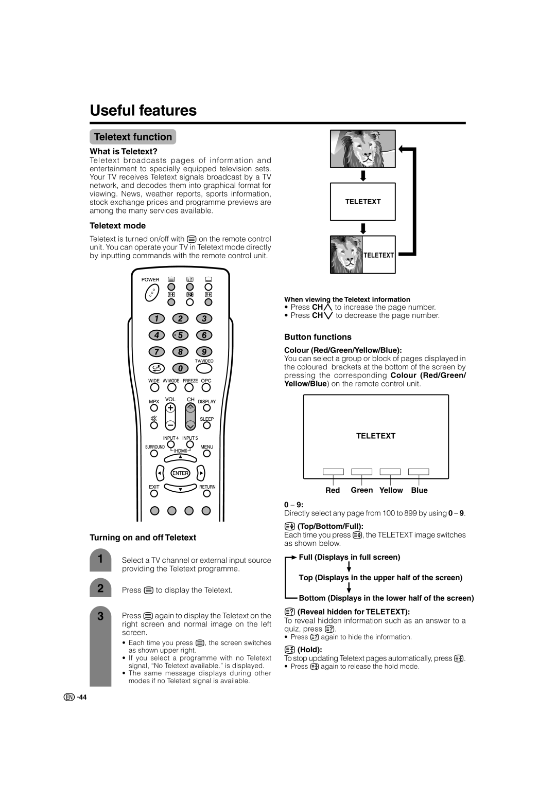 Sharp LC-46G7X operation manual Useful features, Teletext function 