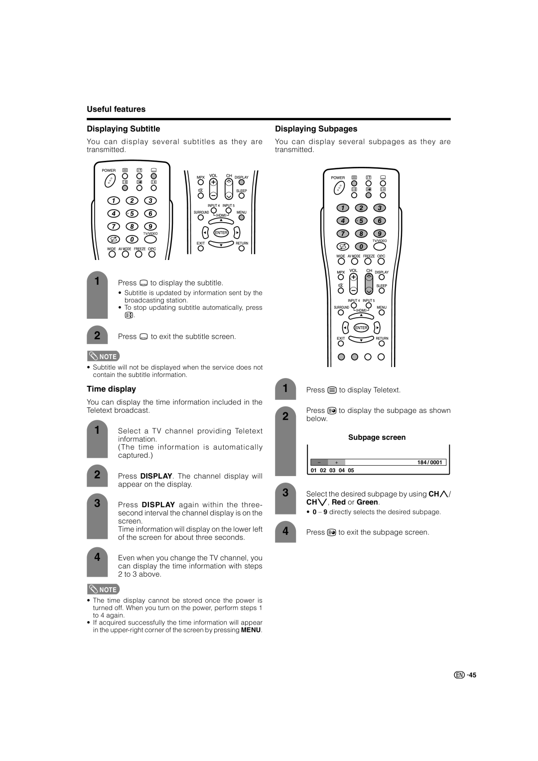 Sharp LC-46G7X operation manual Useful features Displaying Subtitle, Displaying Subpages, Time display, Subpage screen 