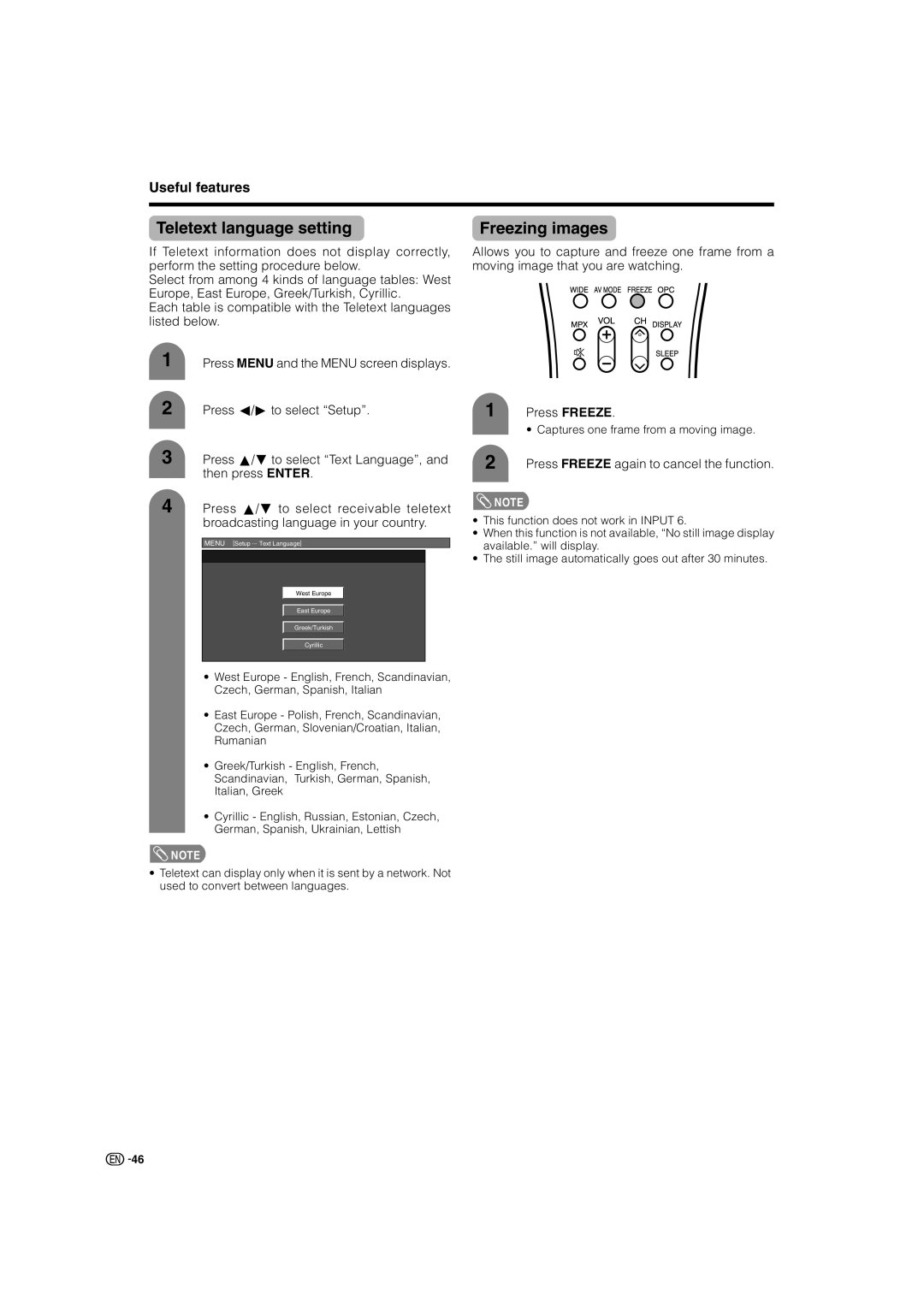 Sharp LC-46G7X Teletext language setting, Freezing images, Useful features, Press Freeze again to cancel the function 