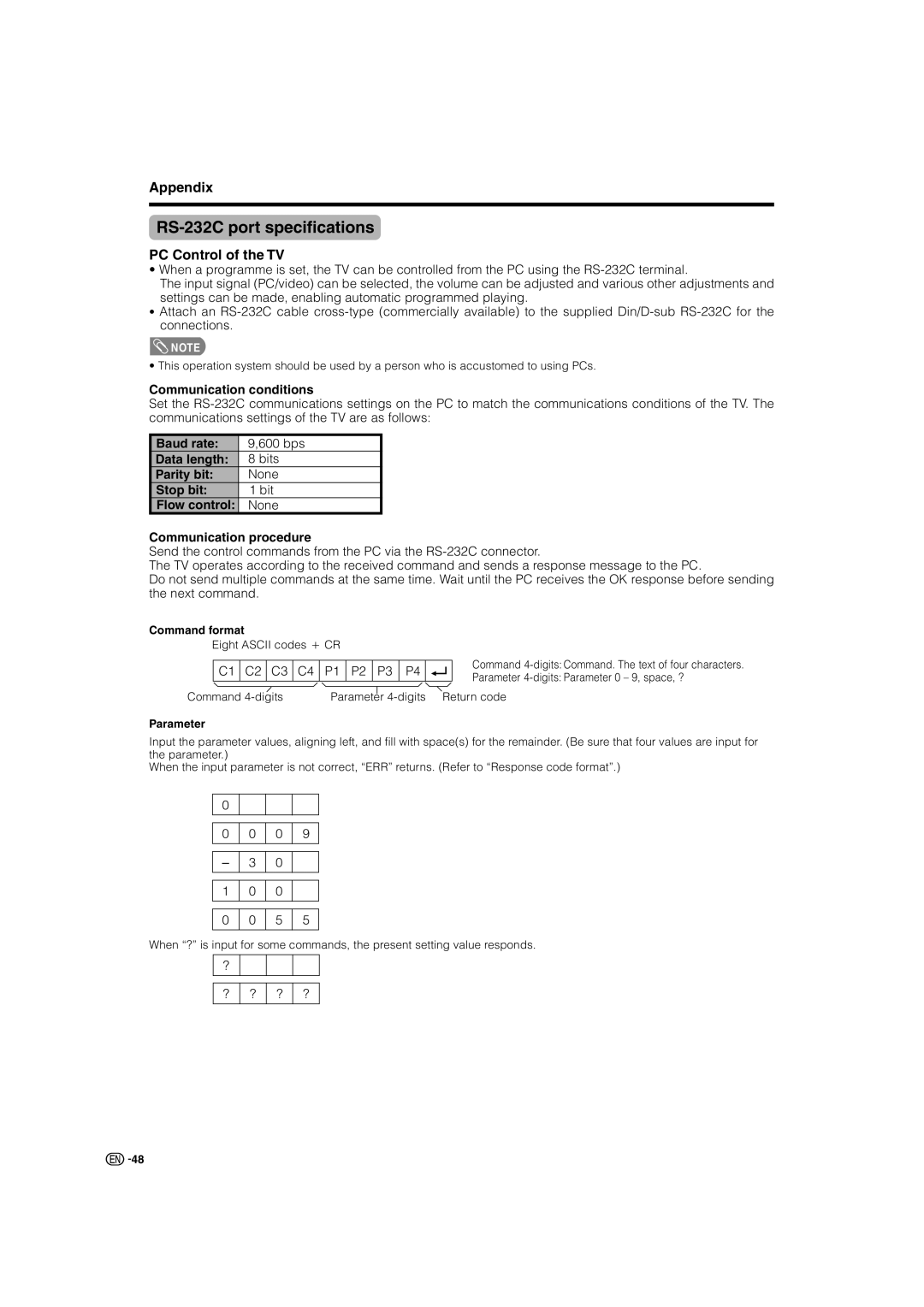 Sharp LC-46G7X operation manual RS-232C port specifications, Appendix, PC Control of the TV, Communication conditions 