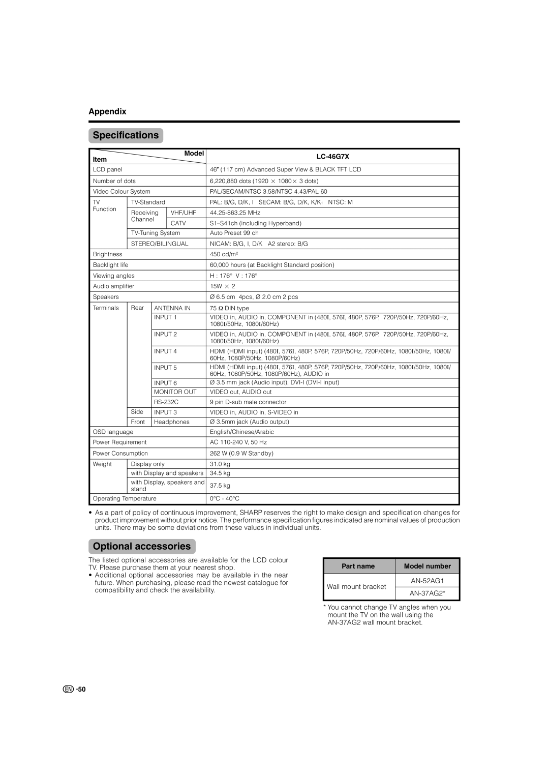 Sharp operation manual Specifications, Optional accessories, Model LC-46G7X, Part name Model number 