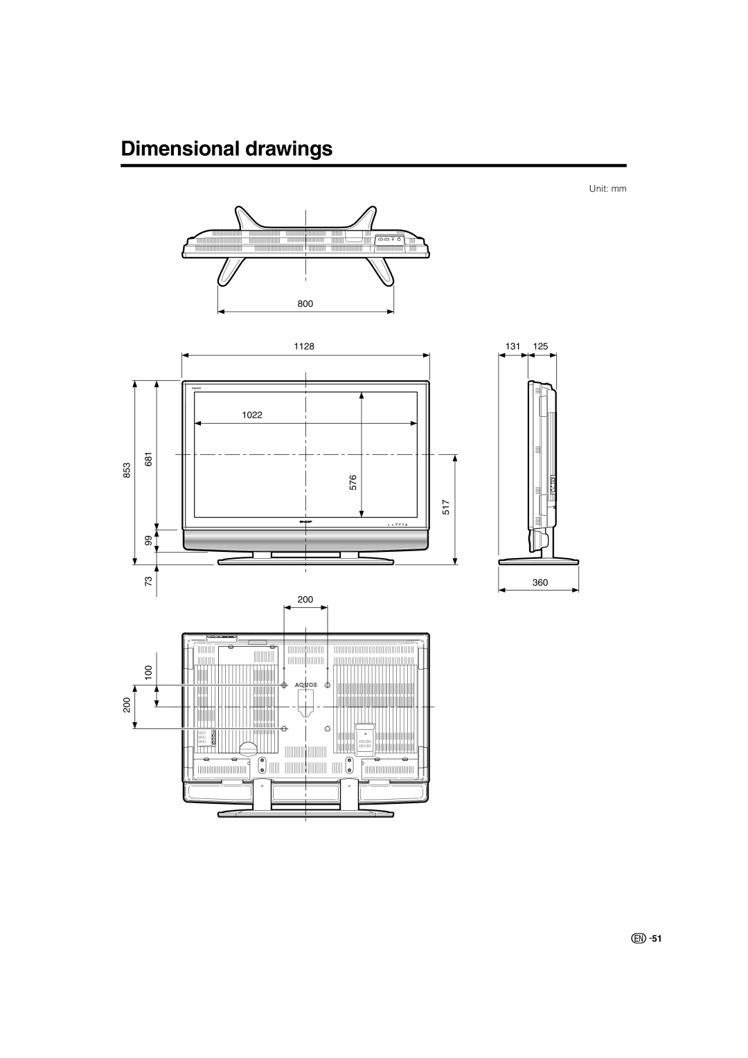 Sharp LC-46G7X operation manual Dimensional drawings 