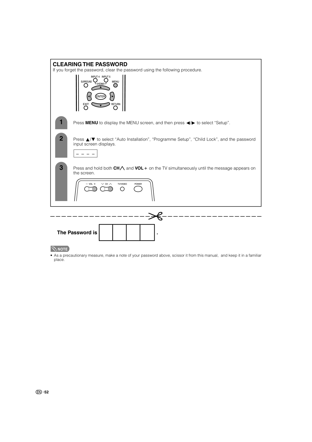 Sharp LC-46G7X operation manual Clearing the Password 