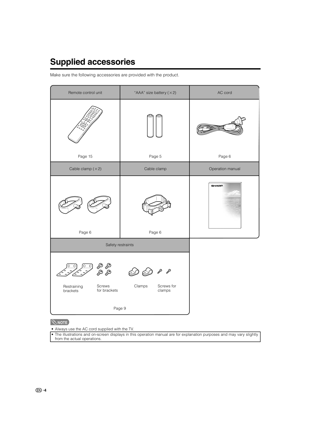 Sharp LC-46G7X operation manual Supplied accessories 