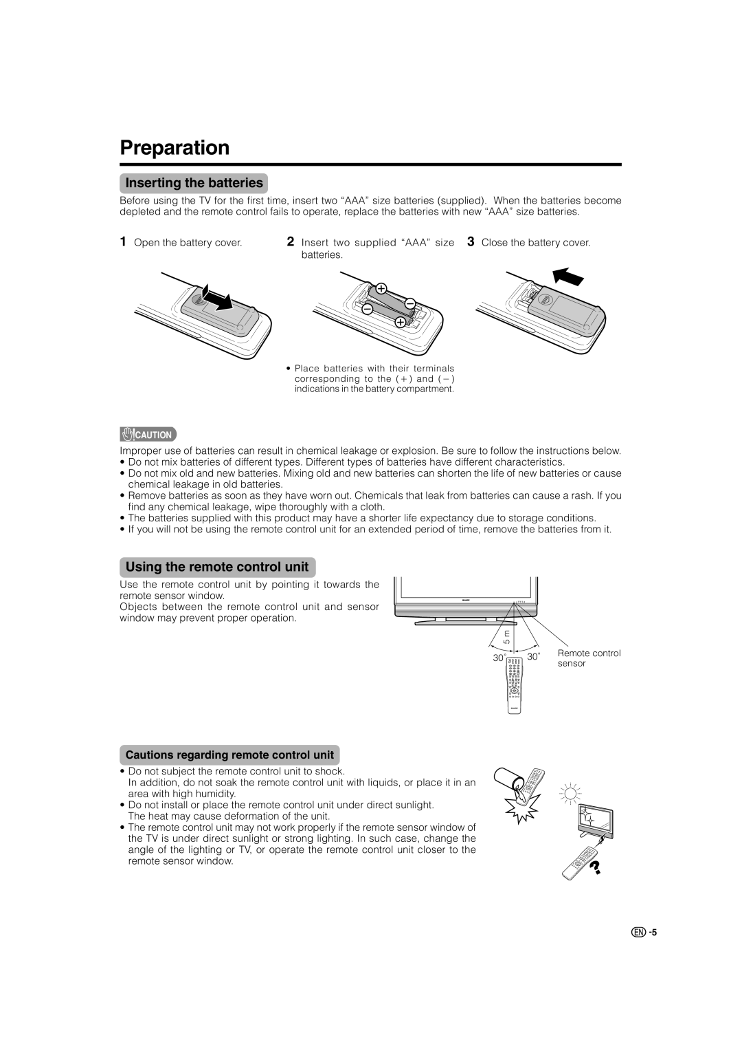 Sharp LC-46G7X operation manual Preparation, Inserting the batteries, Using the remote control unit 