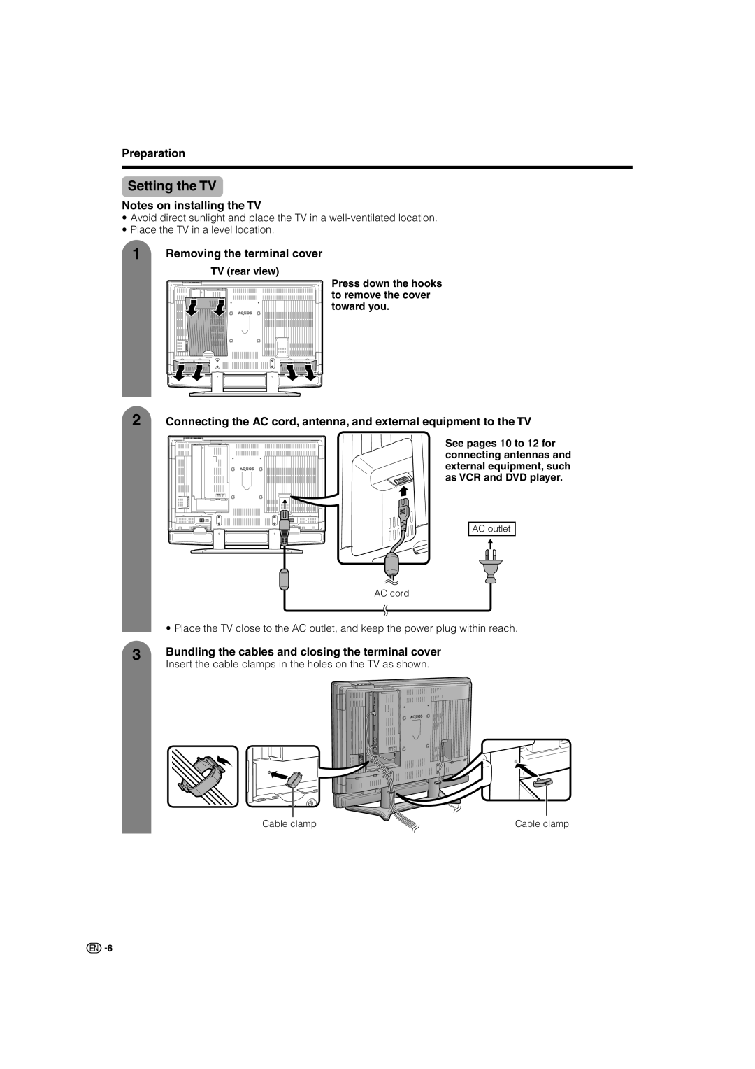 Sharp LC-46G7X operation manual Setting the TV, Preparation, Removing the terminal cover 