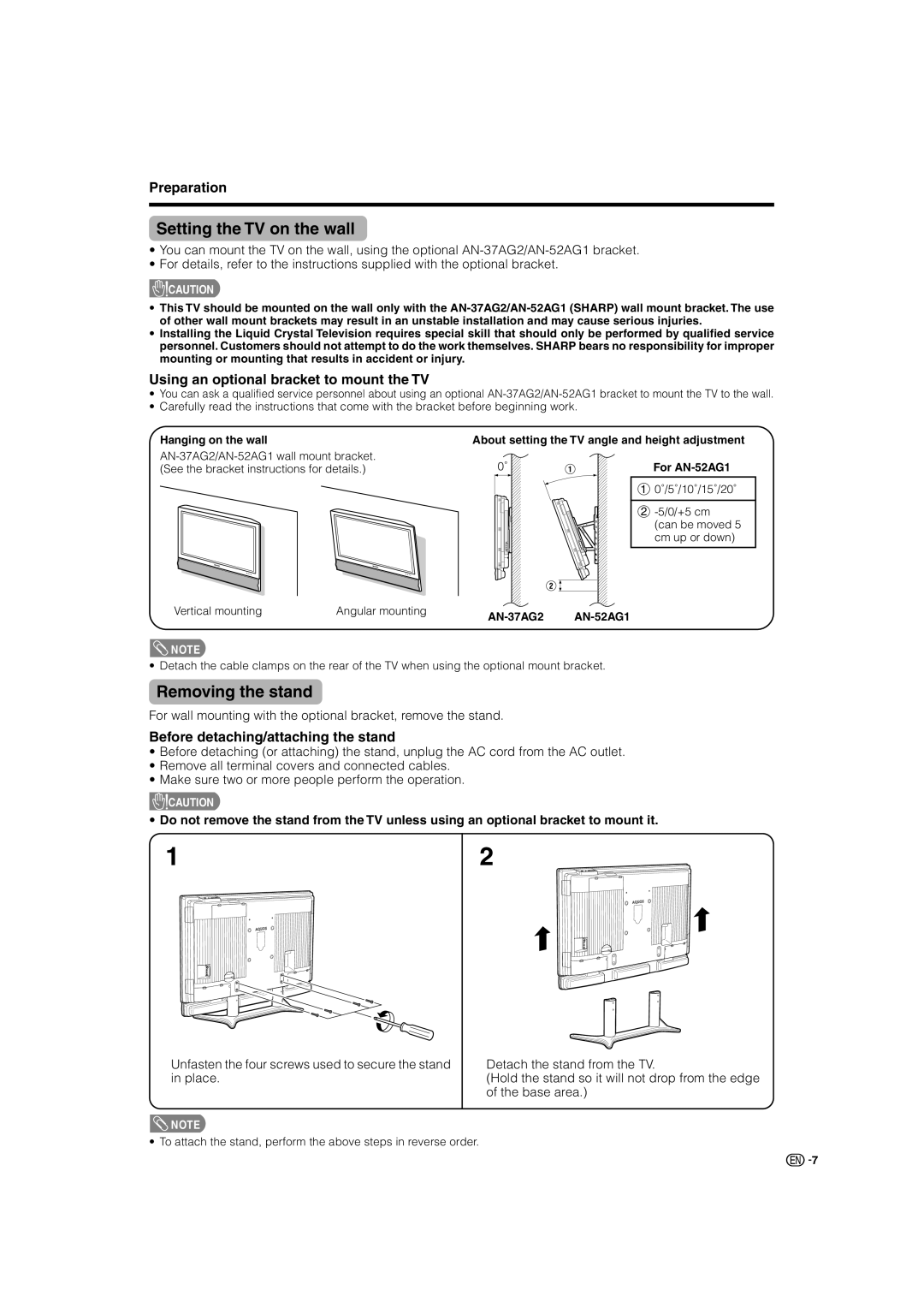 Sharp LC-46G7X operation manual Setting the TV on the wall, Removing the stand, Using an optional bracket to mount the TV 