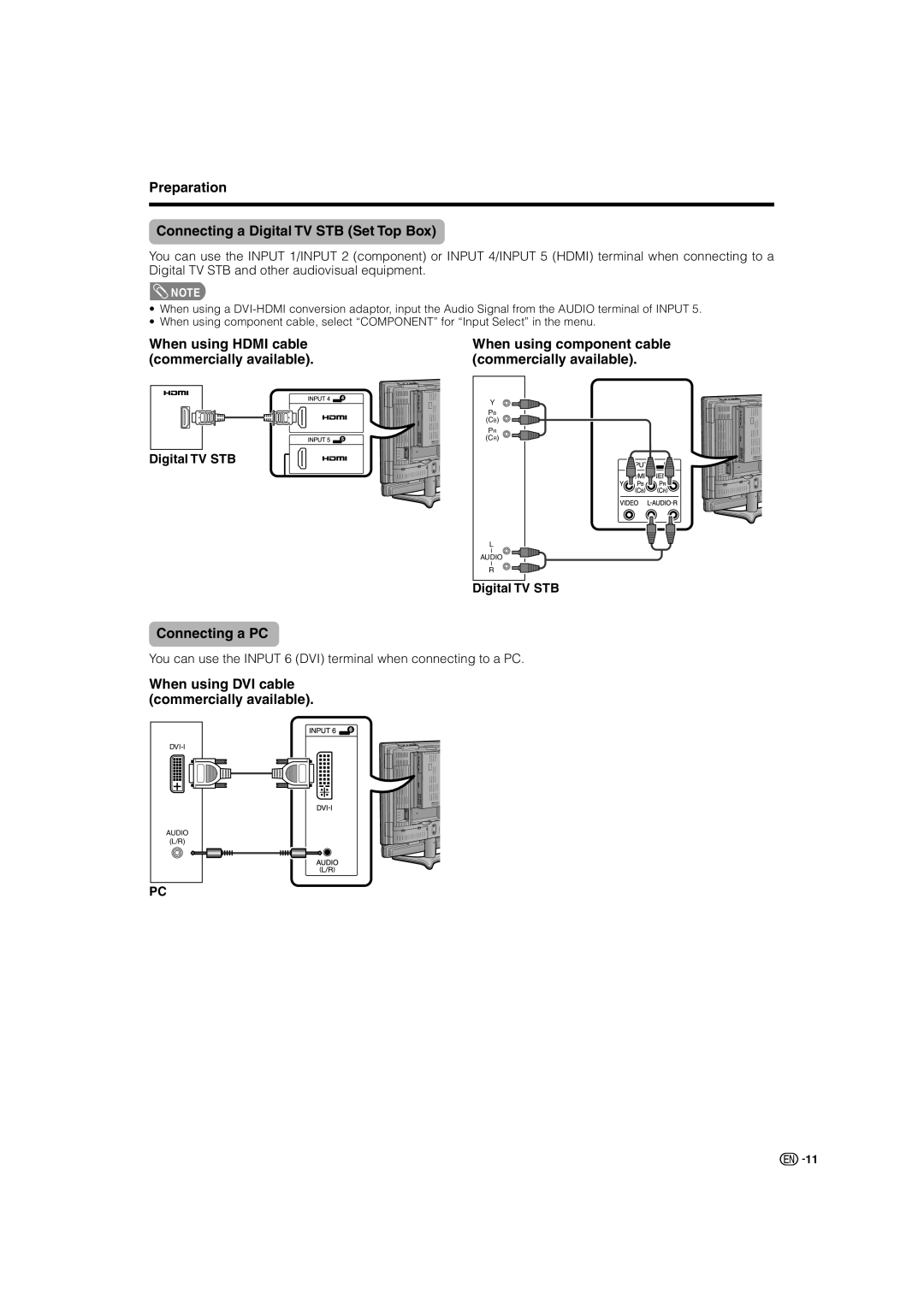 Sharp LC-46GD7X, LC-52GD7X operation manual Preparation Connecting a Digital TV STB Set Top Box, Connecting a PC 