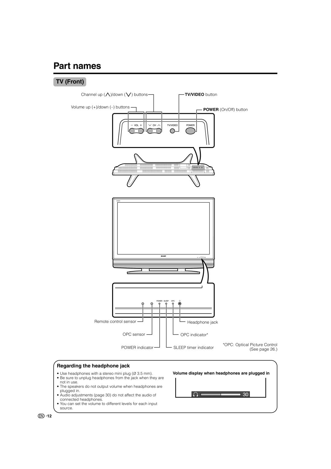 Sharp LC-46GD7X, LC-52GD7X operation manual Part names, TV Front, Regarding the headphone jack, TV/VIDEO button 