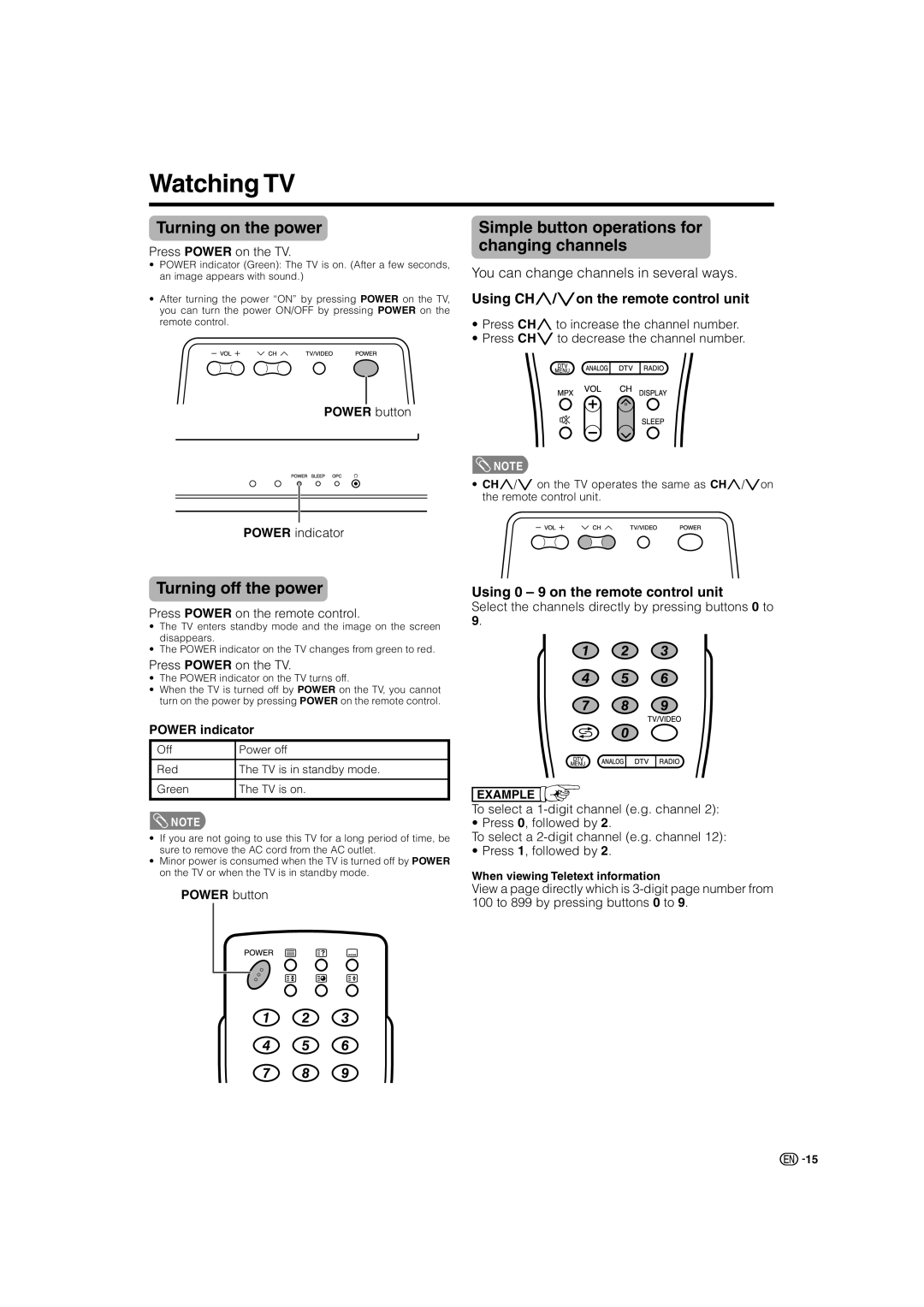 Sharp LC-46GD7X, LC-52GD7X Watching TV, Turning on the power, Simple button operations for changing channels 