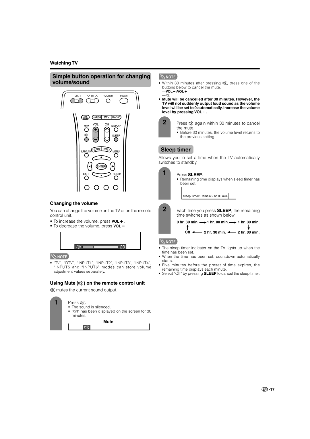 Sharp LC-46GD7X, LC-52GD7X Simple button operation for changing volume/sound, Sleep timer, Changing the volume 