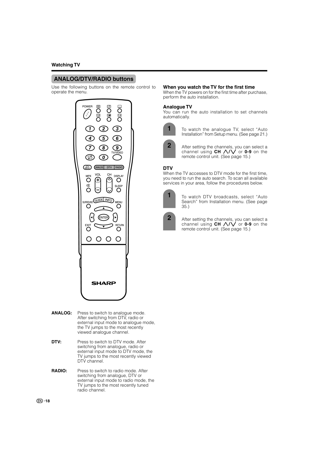 Sharp LC-46GD7X, LC-52GD7X operation manual ANALOG/DTV/RADIO buttons, When you watch the TV for the first time, Analogue TV 