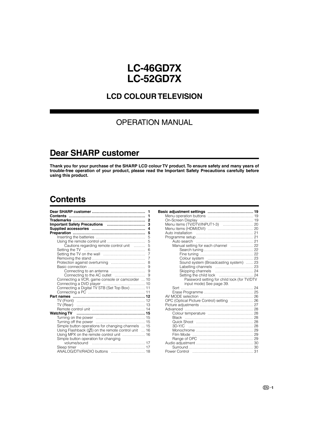 Sharp LC-46GD7X, LC-52GD7X operation manual Dear Sharp customer, Contents 