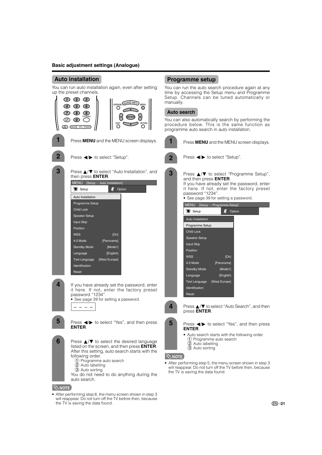 Sharp LC-46GD7X, LC-52GD7X Auto installation Programme setup, Basic adjustment settings Analogue, Auto search 