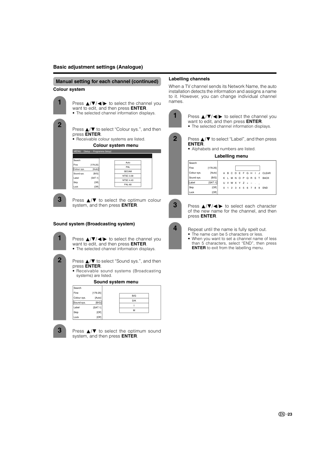 Sharp LC-46GD7X, LC-52GD7X operation manual Press a/bto select Colour sys., and then press Enter, Colour system menu 