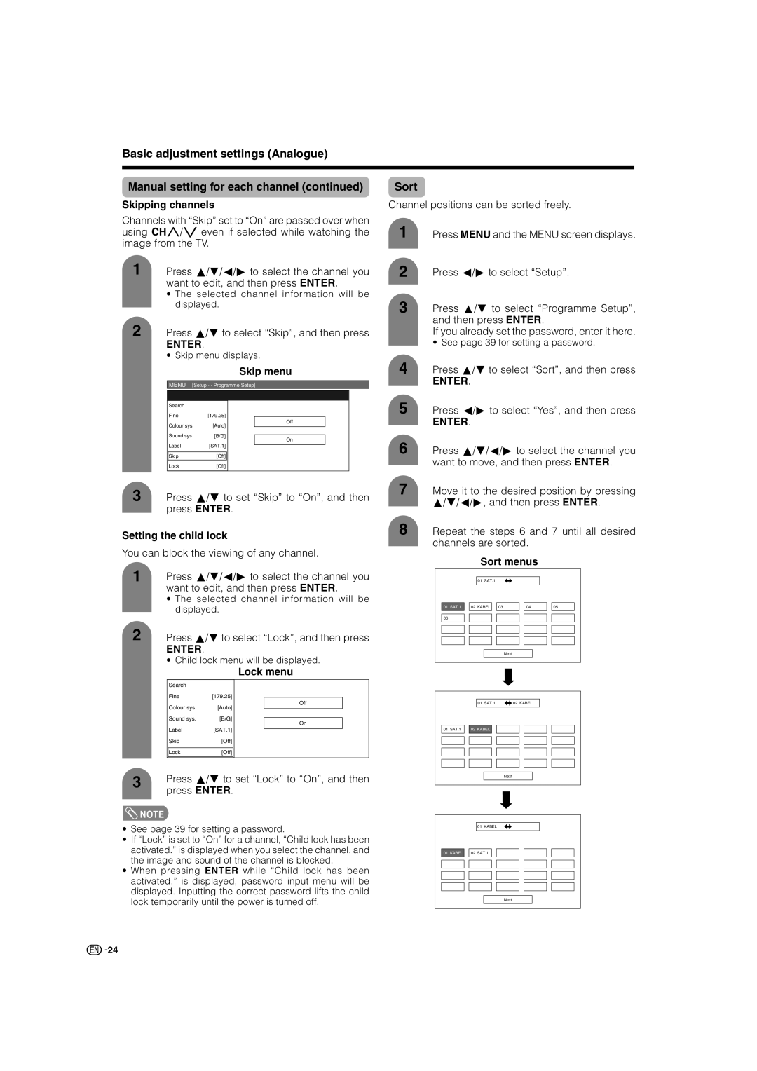 Sharp LC-46GD7X, LC-52GD7X operation manual Skipping channels, Skip menu, Setting the child lock, Sort menus, Lock menu 