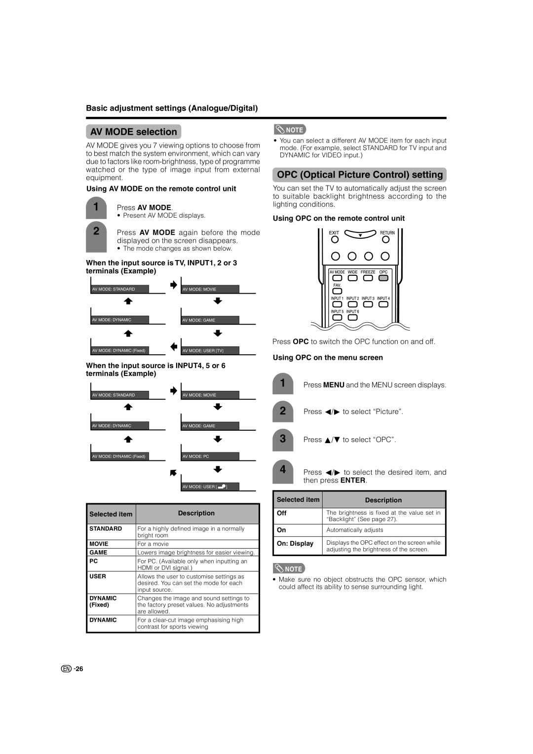 Sharp LC-46GD7X, LC-52GD7X operation manual AV Mode selection, OPC Optical Picture Control setting 