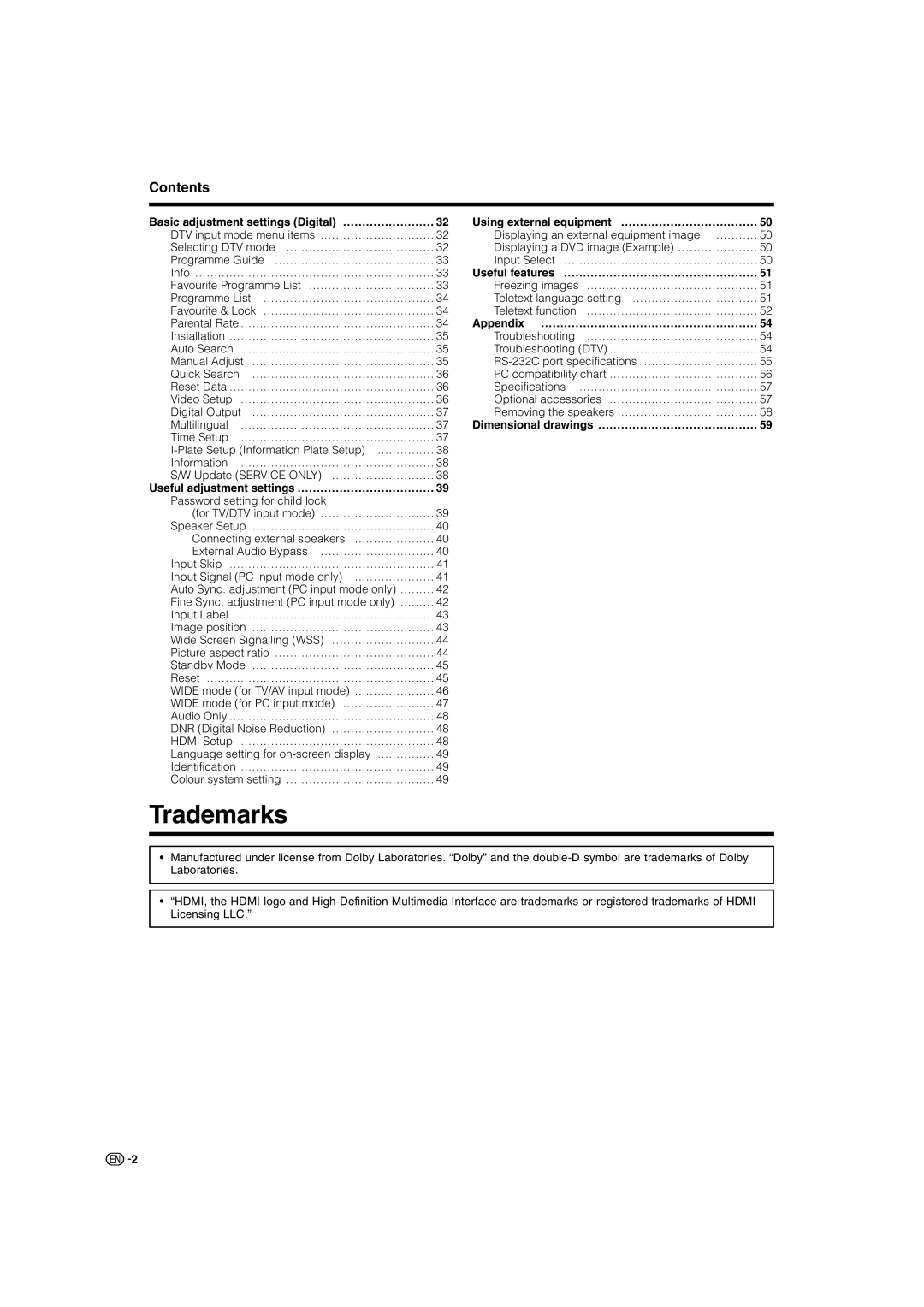 Sharp LC-46GD7X, LC-52GD7X operation manual Trademarks, Contents 