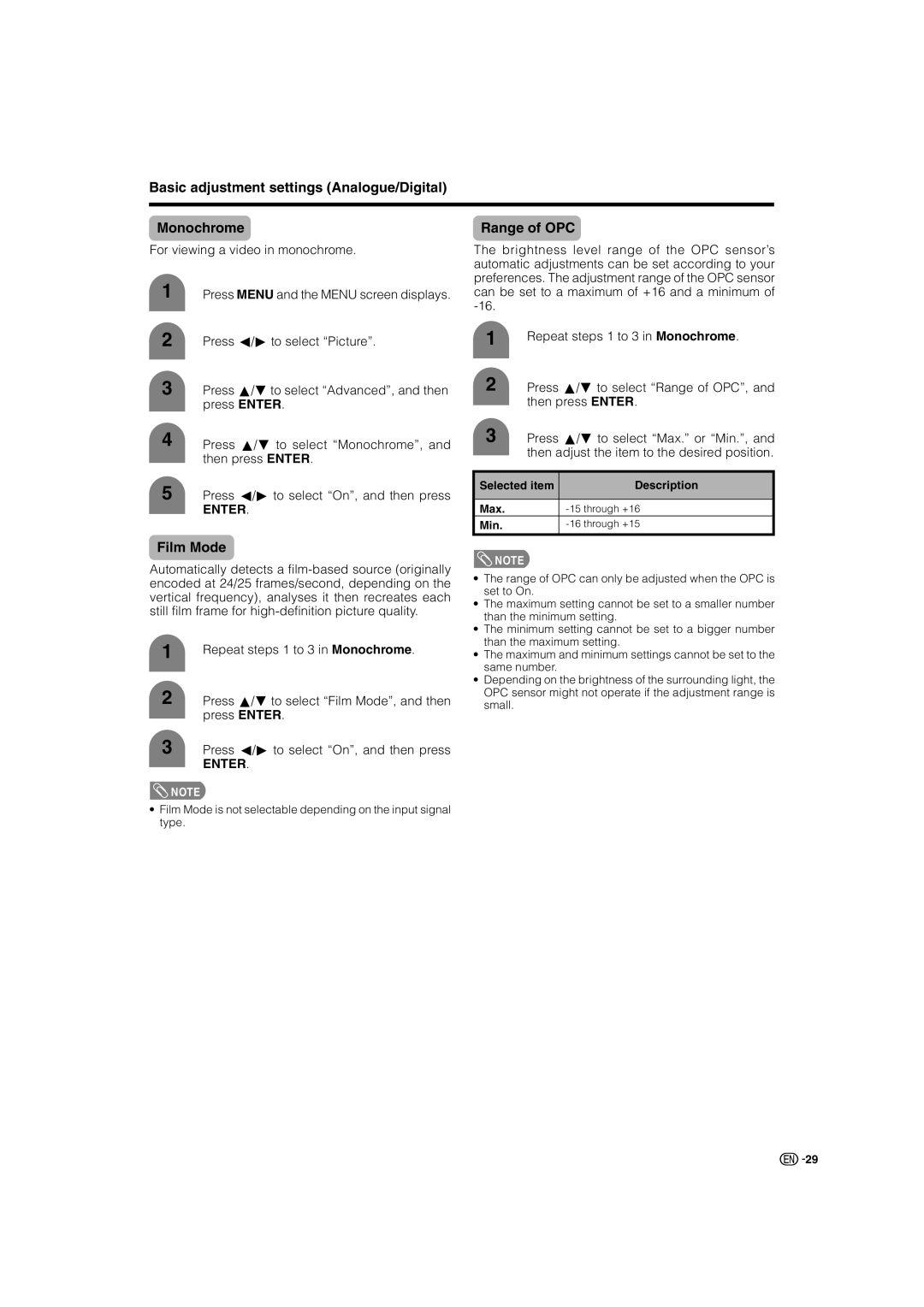 Sharp LC-46GD7X, LC-52GD7X operation manual Basic adjustment settings Analogue/Digital Monochrome, Range of OPC, Film Mode 