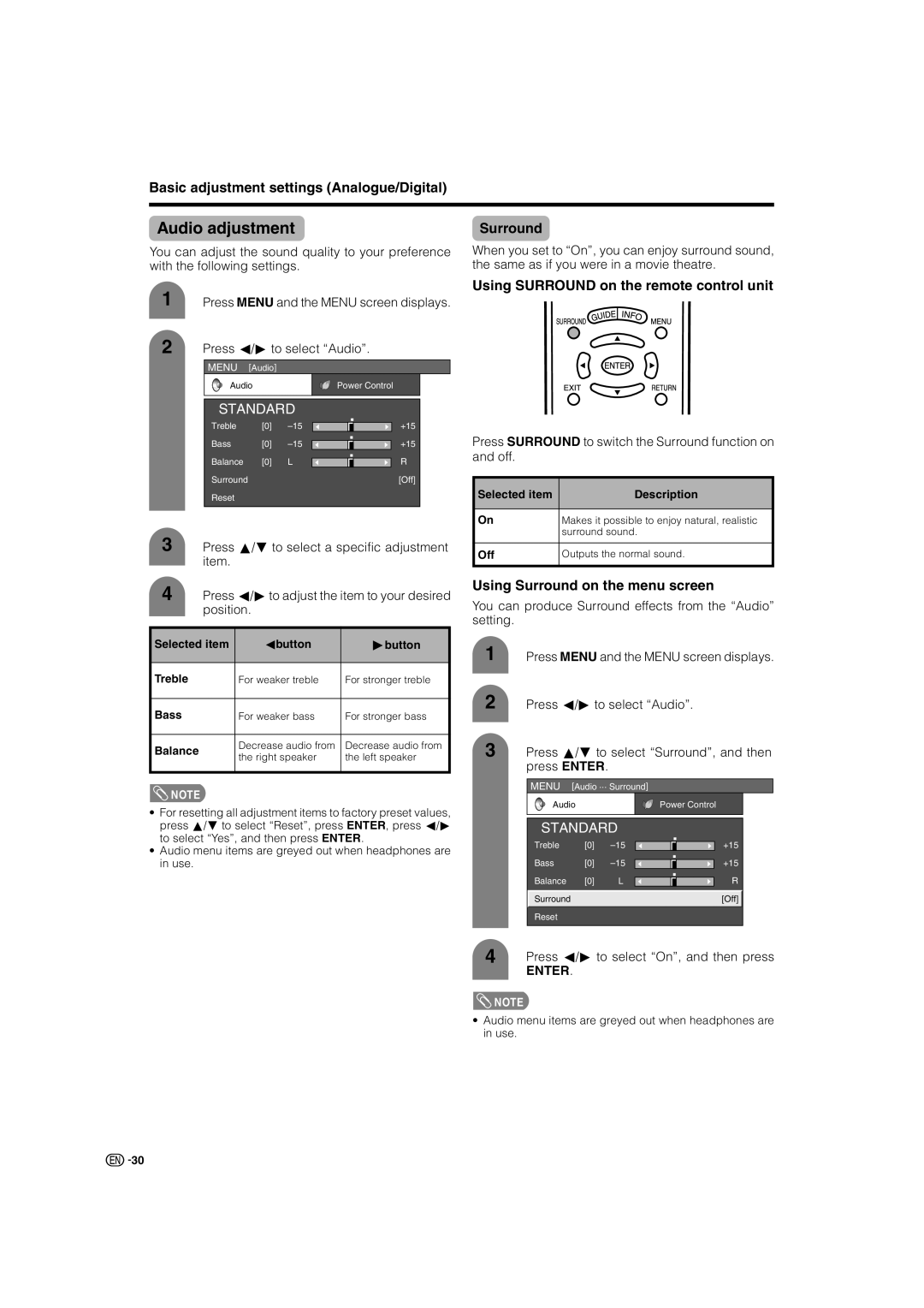 Sharp LC-46GD7X, LC-52GD7X Audio adjustment, Using Surround on the remote control unit, Using Surround on the menu screen 