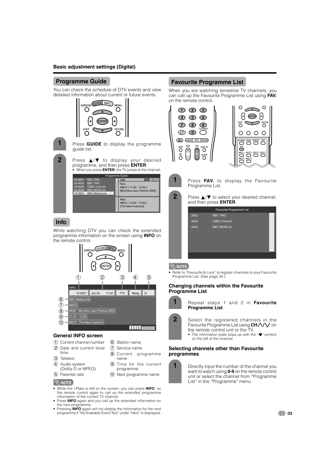 Sharp LC-46GD7X, LC-52GD7X operation manual Programme Guide Favourite Programme List, Info 