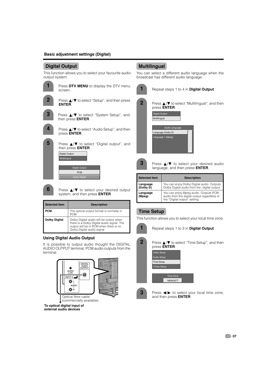 Sharp LC-46GD7X, LC-52GD7X operation manual Digital Output, Multilingual, Time Setup, Using Digital Audio Output 