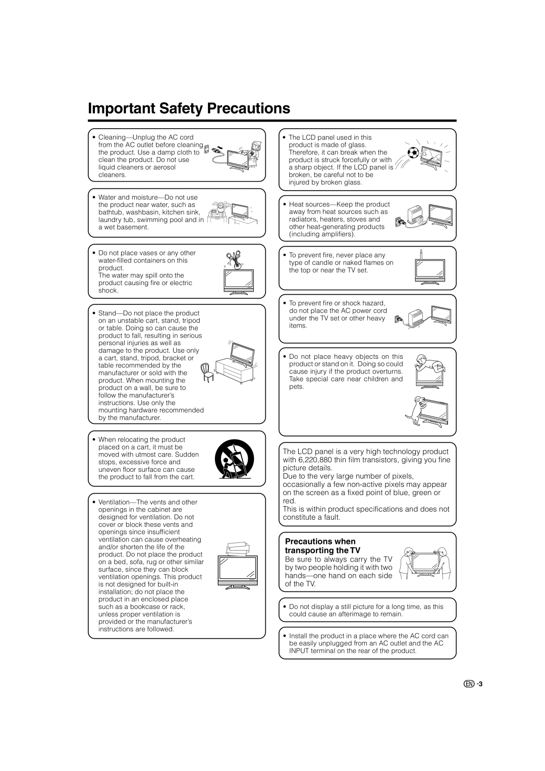 Sharp LC-46GD7X, LC-52GD7X operation manual Important Safety Precautions, Precautions when transporting the TV 