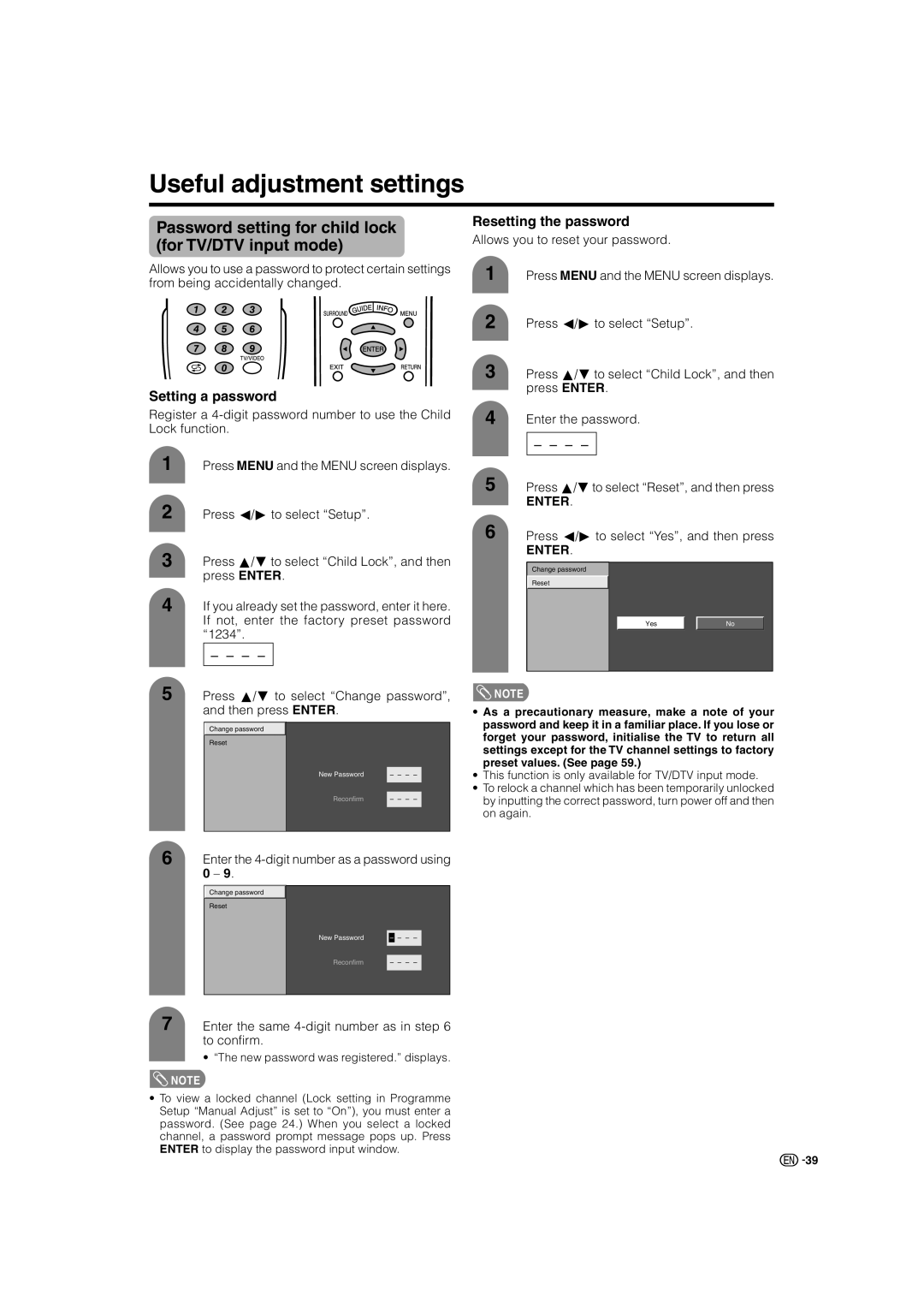 Sharp LC-46GD7X, LC-52GD7X Useful adjustment settings, Password setting for child lock for TV/DTV input mode 