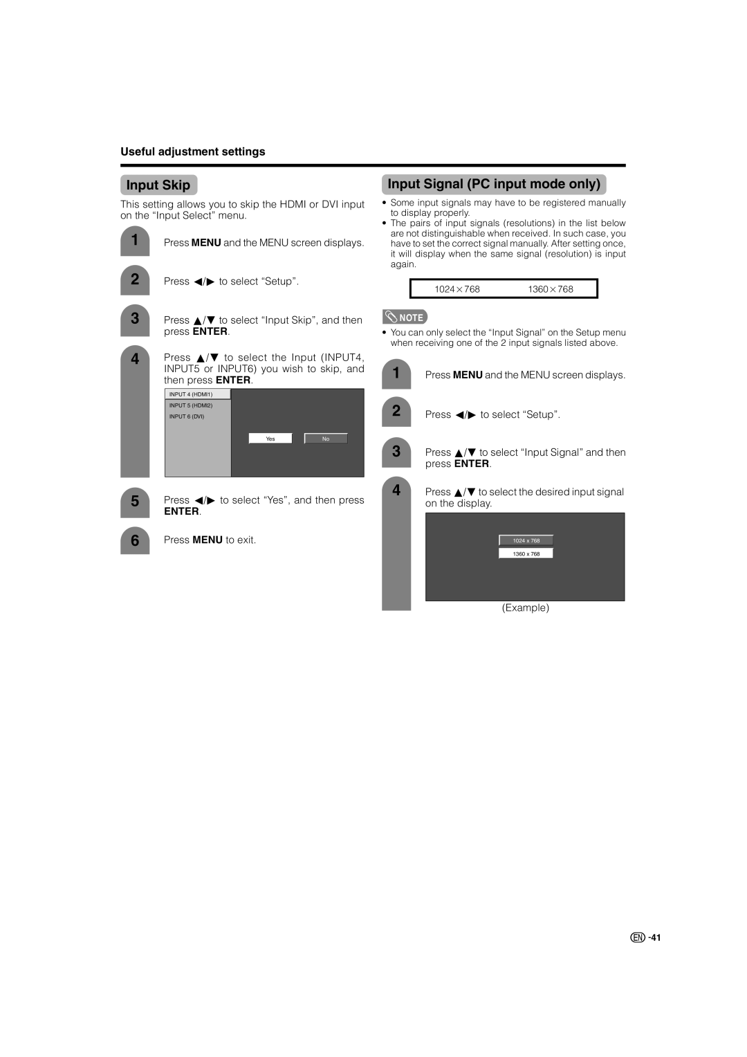 Sharp LC-46GD7X, LC-52GD7X operation manual Input Skip, Input Signal PC input mode only, Press Menu to exit 